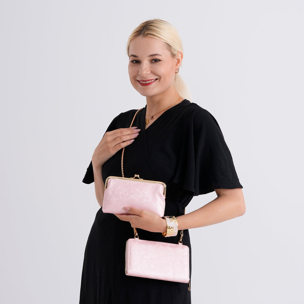 La Marey Set of 2 - RFID Clutch with Shoulder Strap & Gold Flower Cuff Set - Baby Pink_4455479_2
