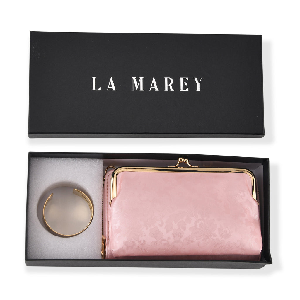 La Marey Set of 2 - RFID Clutch with Shoulder Strap & Gold Flower Cuff Set - Baby Pink_4455479_9
