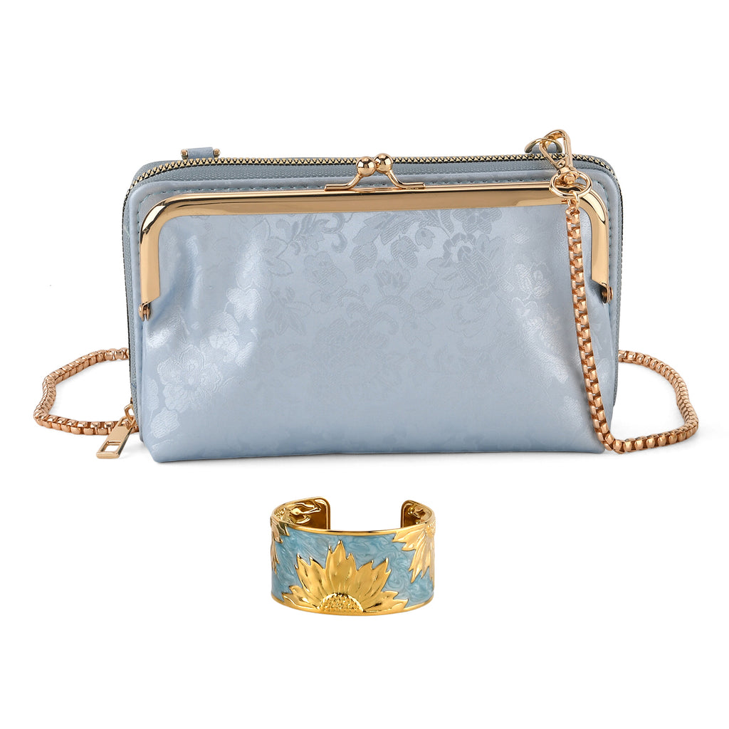 La Marey Set of 2 - RFID Clutch with Shoulder Strap & Gold Flower Cuff Bracelet - Light Blue_4455489