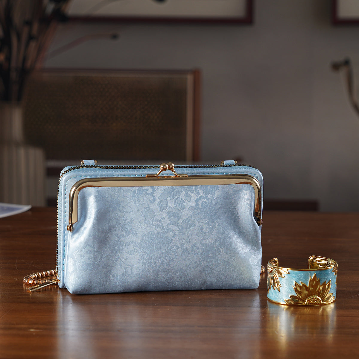 La Marey Set of 2 - RFID Clutch with Shoulder Strap &amp; Gold Flower Cuff Bracelet - Light Blue V32605467 2