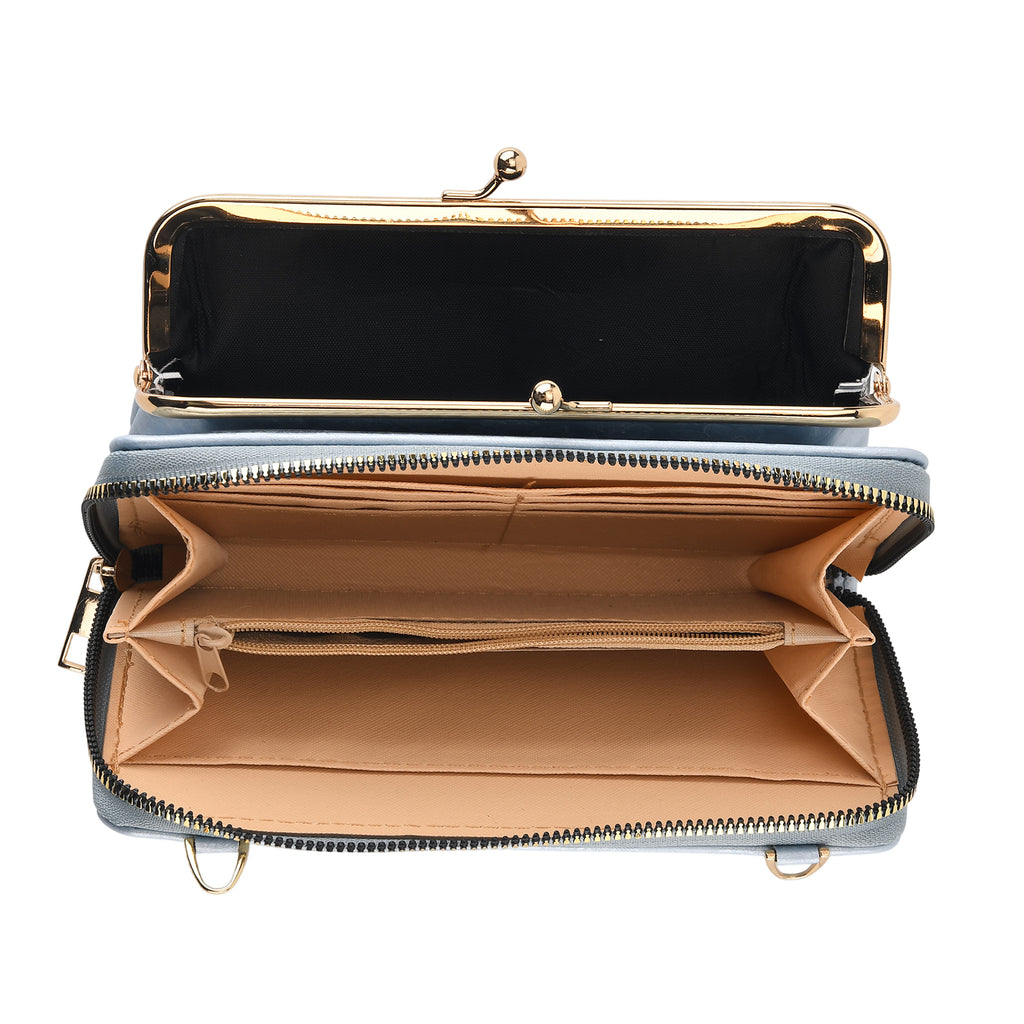 La Marey Set of 2 - RFID Clutch with Shoulder Strap & Gold Flower Cuff Bracelet - Light Blue_4455489_7