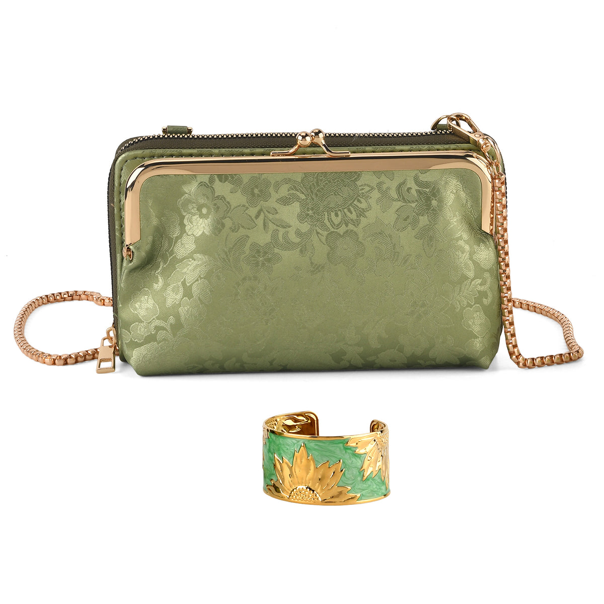 La Marey Set of 2 - RFID Clutch with Shoulder Strap &amp; Gold Flower Cuff Bracelet - Pista Green V32604310 0
