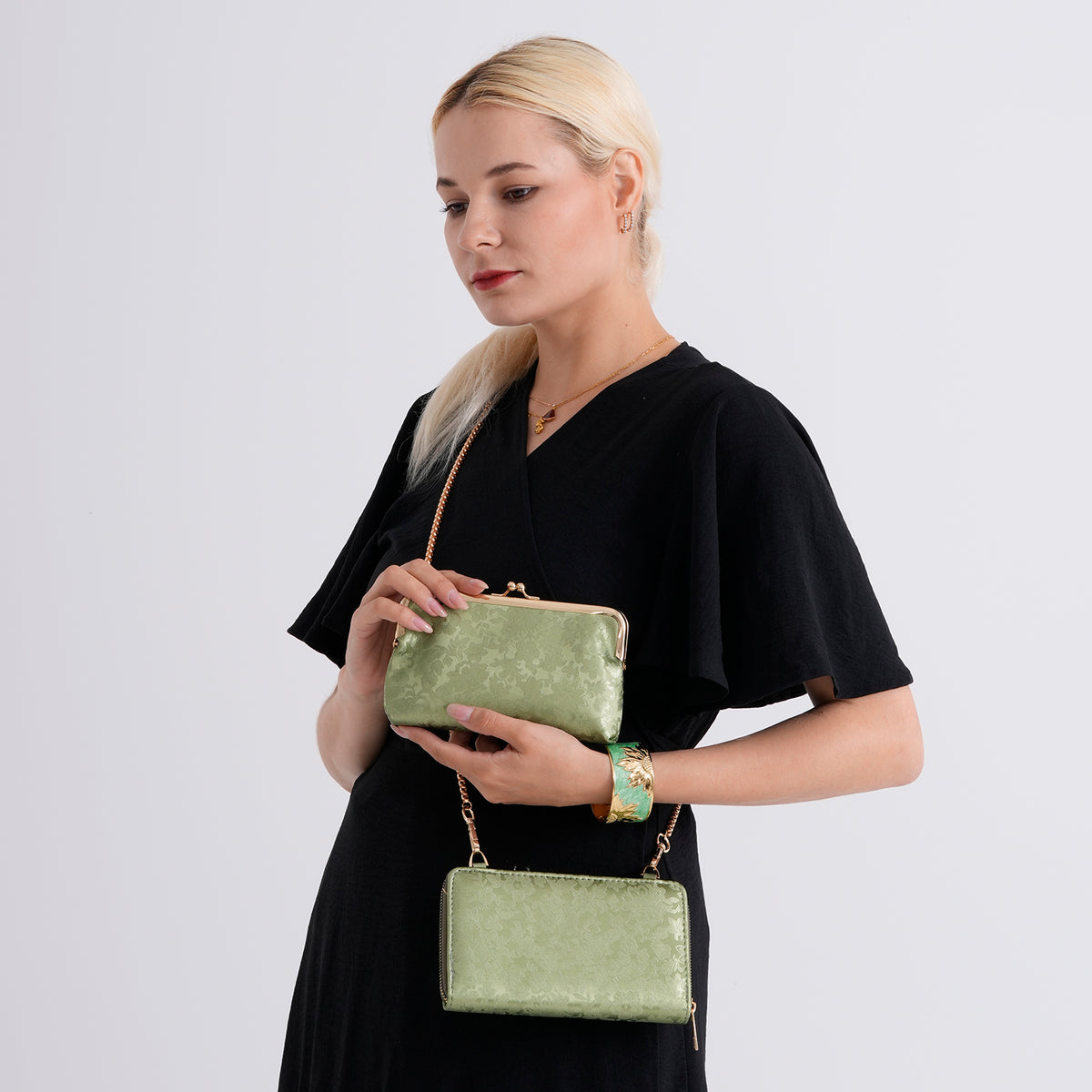 La Marey Set of 2 - RFID Clutch with Shoulder Strap &amp; Gold Flower Cuff Bracelet - Pista Green V32604310 3