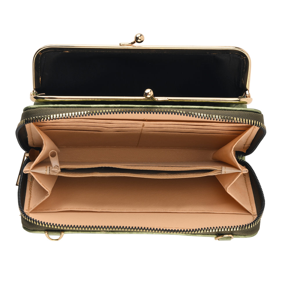 La Marey Set of 2 - RFID Clutch with Shoulder Strap & Gold Flower Cuff Bracelet - Pista Green_4455490_7