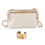 La Marey Set of 2 - RFID Clutch with Shoulder Strap & Gold Flower Cuff Bracelet - Off White_4455491