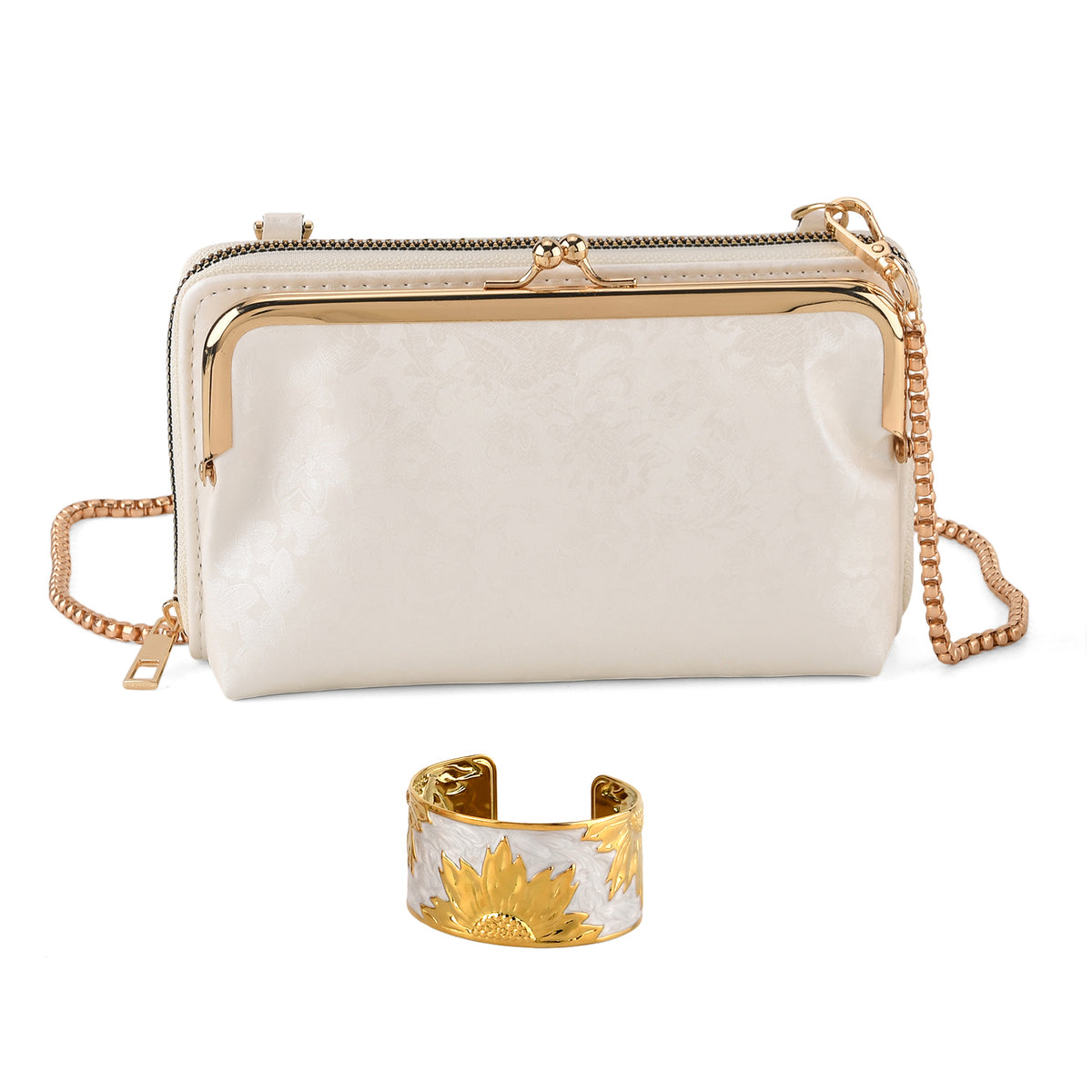 La Marey Set of 2 - RFID Clutch with Shoulder Strap &amp; Gold Flower Cuff Bracelet - Off White V32605468 0