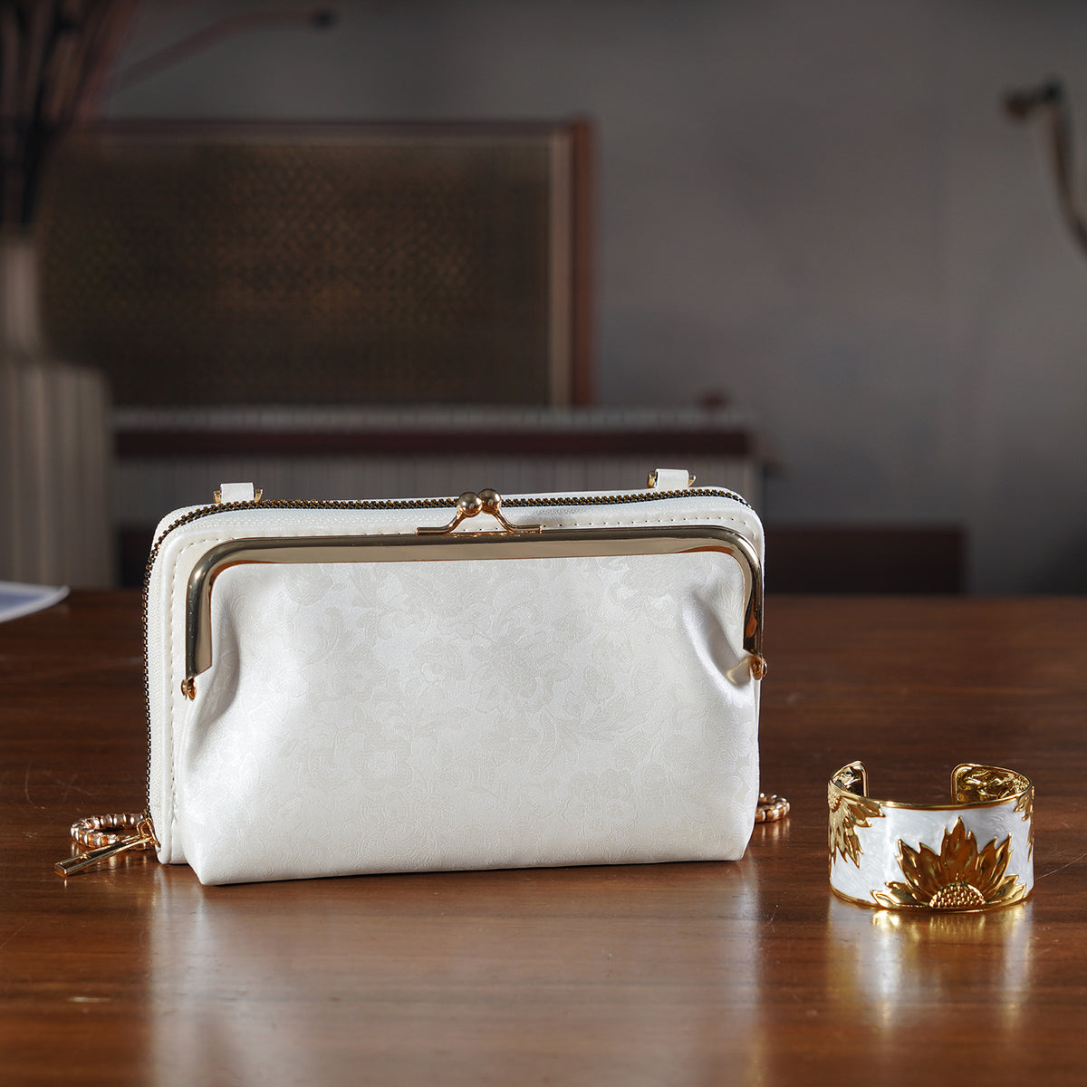 La Marey Set of 2 - RFID Clutch with Shoulder Strap &amp; Gold Flower Cuff Bracelet - Off White V32605468 2