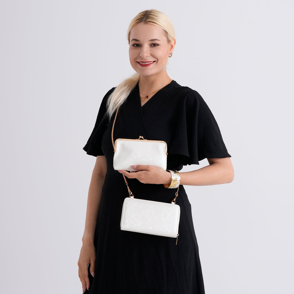 La Marey Set of 2 - RFID Clutch with Shoulder Strap & Gold Flower Cuff Bracelet - Off White_4455491_2
