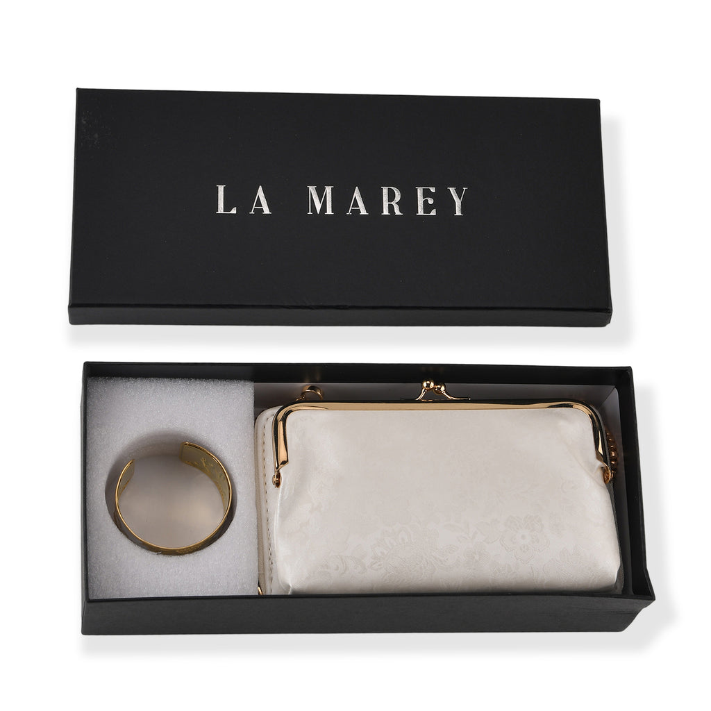 La Marey Set of 2 - RFID Clutch with Shoulder Strap & Gold Flower Cuff Bracelet - Off White_4455491_9