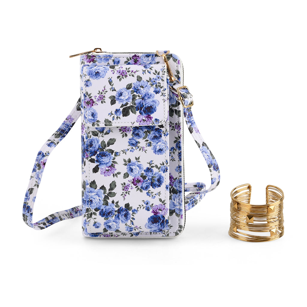 LA MAREY Set of 2: RFID Smartphone Floral Crossbody Bag & Cuff Bracelet Gift Set - Blue_4455504