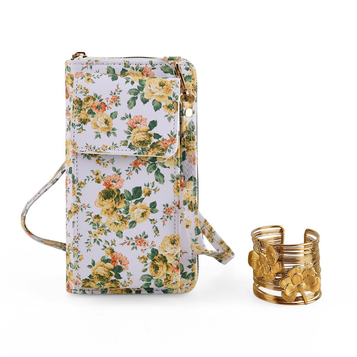 LA MAREY Set of 2- RFID Smartphone Floral Crossbody Bag &amp; Dargonfly Cuff Bracelet Gift Set - Yellow 4455505 0