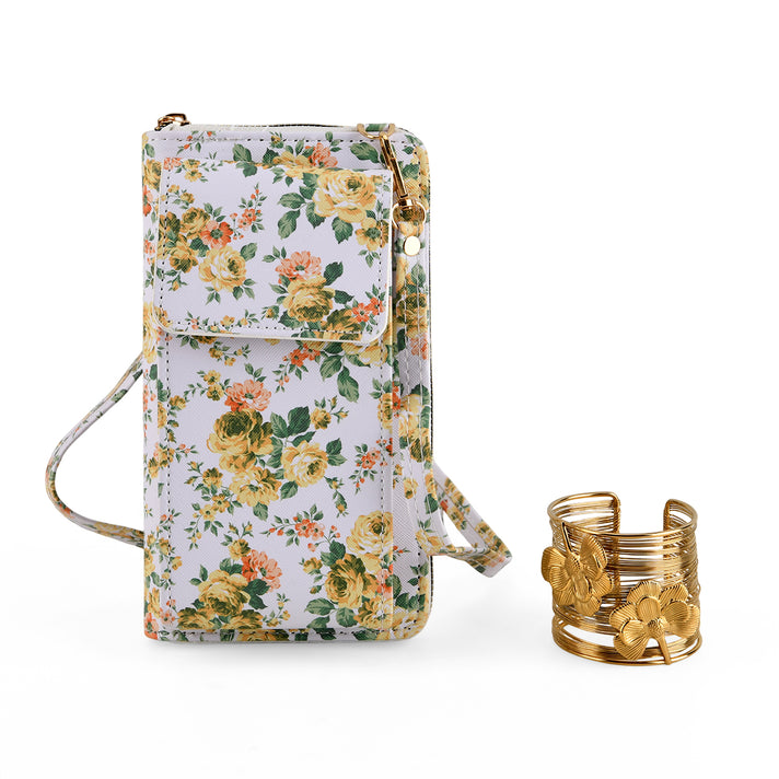 LA MAREY Set of 2- RFID Smartphone Floral Crossbody Bag &amp; Dargonfly Cuff Bracelet Gift Set - Yellow 4455505 1