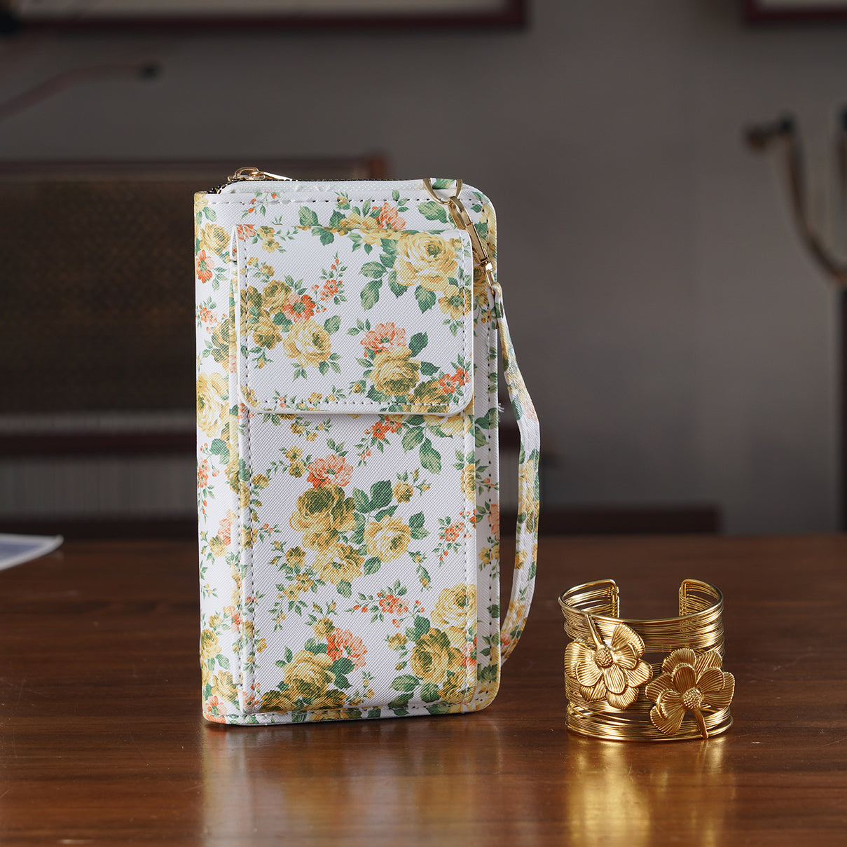 LA MAREY Set of 2- RFID Smartphone Floral Crossbody Bag &amp; Dargonfly Cuff Bracelet Gift Set - Yellow 4455505 2