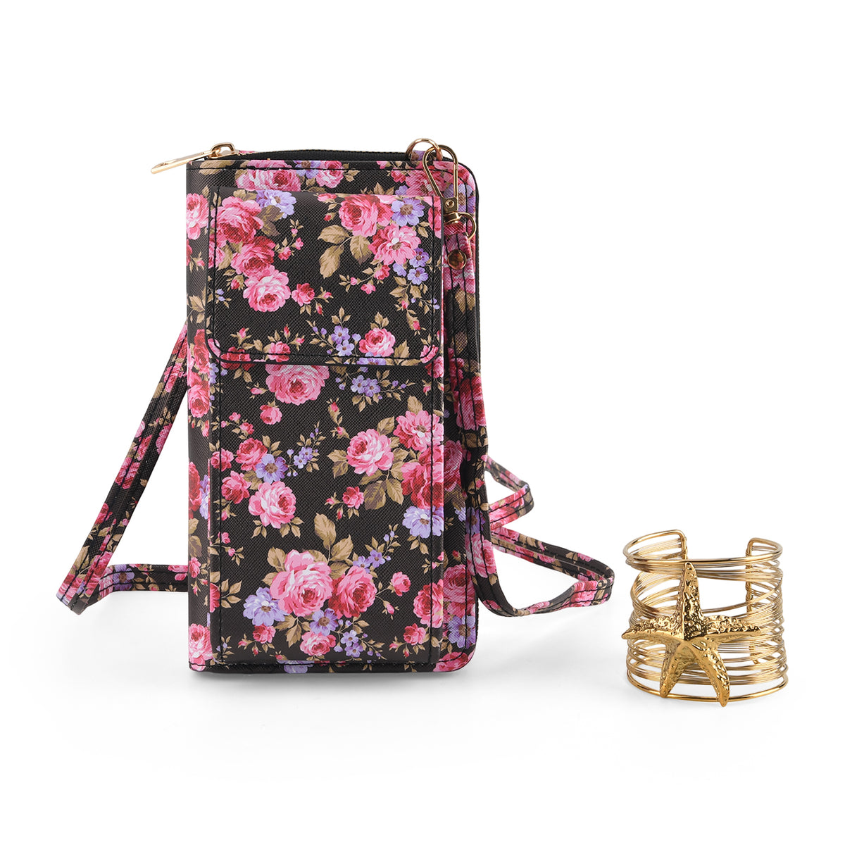 LA MAREY Set of 2: RFID Smartphone Floral Crossbody Bag &amp; Starfish Cuff Bracelet Gift Set - Black V32538465 0