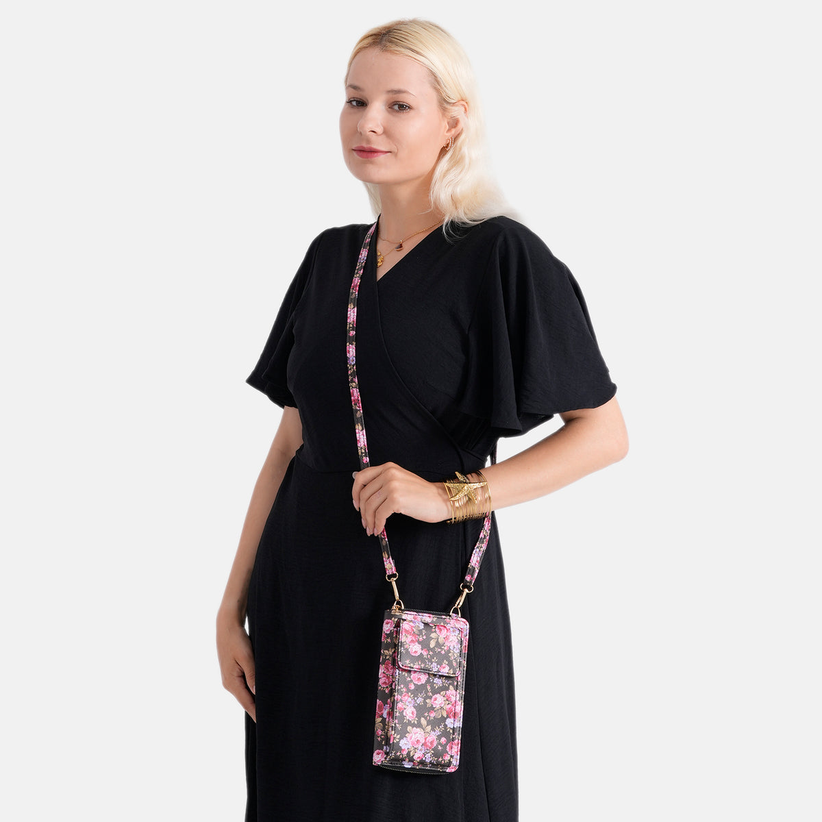 LA MAREY Set of 2: RFID Smartphone Floral Crossbody Bag &amp; Starfish Cuff Bracelet Gift Set - Black V32538465 3