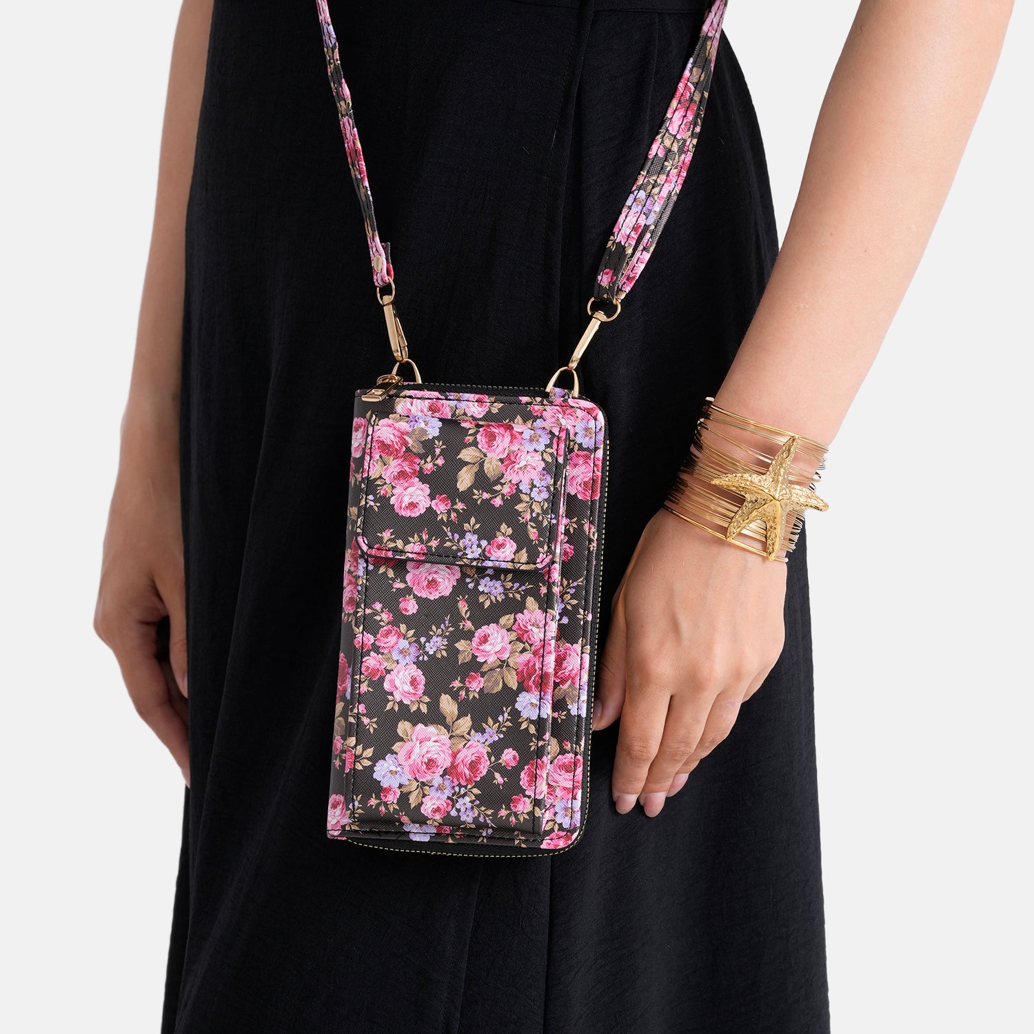 LA MAREY Set of 2: RFID Smartphone Floral Crossbody Bag &amp; Starfish Cuff Bracelet Gift Set - Black V32538465 4