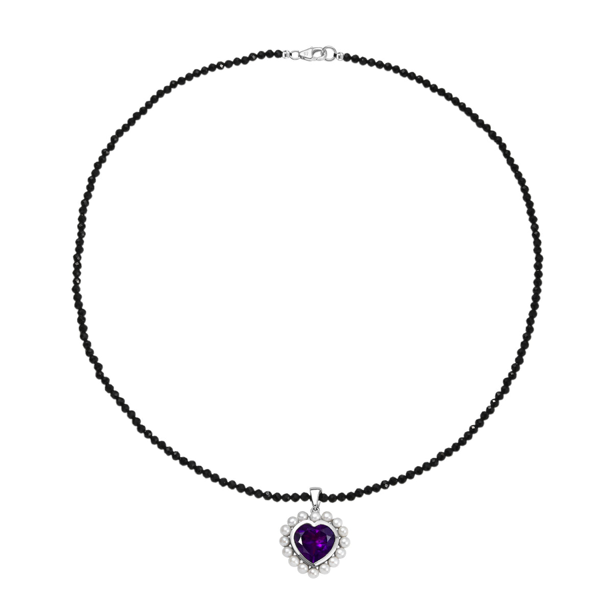 D'Joy - AAA African Amethyst, Black Spinel &amp; Fresh Water Pearl Heart Pendant with Beads Chain (Size 20) in Rhodium Overlay Sterling Silver 52.50 Ct. 4455772 0