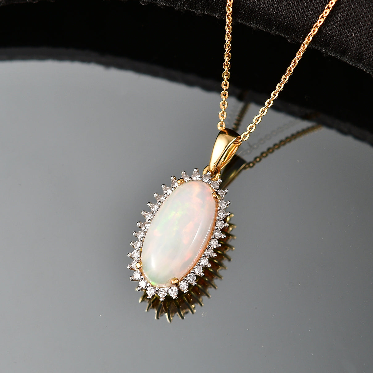 LUXURIANT Ethiopian Opal, Lab Grown Diamond Halo Pendant with Chain (Size 20) in 18K Vermeil Yellow Gold Plated Sterling Silver 3.47 Ct. 4456176 3