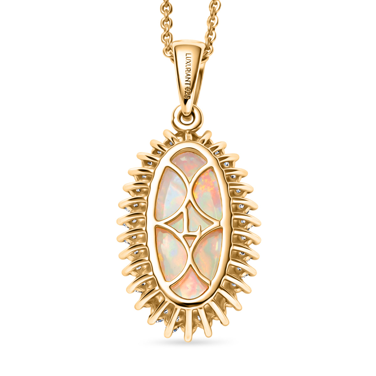 LUXURIANT Ethiopian Opal, Lab Grown Diamond Halo Pendant with Chain (Size 20) in 18K Vermeil Yellow Gold Plated Sterling Silver 3.47 Ct. 4456176 5