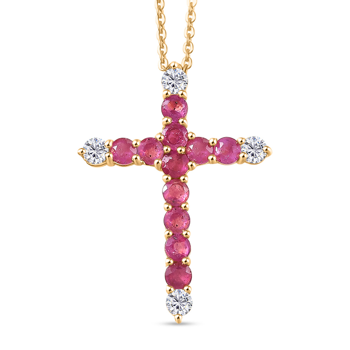 African Ruby, White Zircon Cross Pendant with Chain (Size 20) in Yellow Gold Plated Sterling Silver 1.54 Ct. V32517664 0