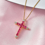 African Ruby & White Zircon Cross Pendant with Chain (Size 20) in Yellow Gold Plated Sterling Silver 1.54 Ct._4456959_2