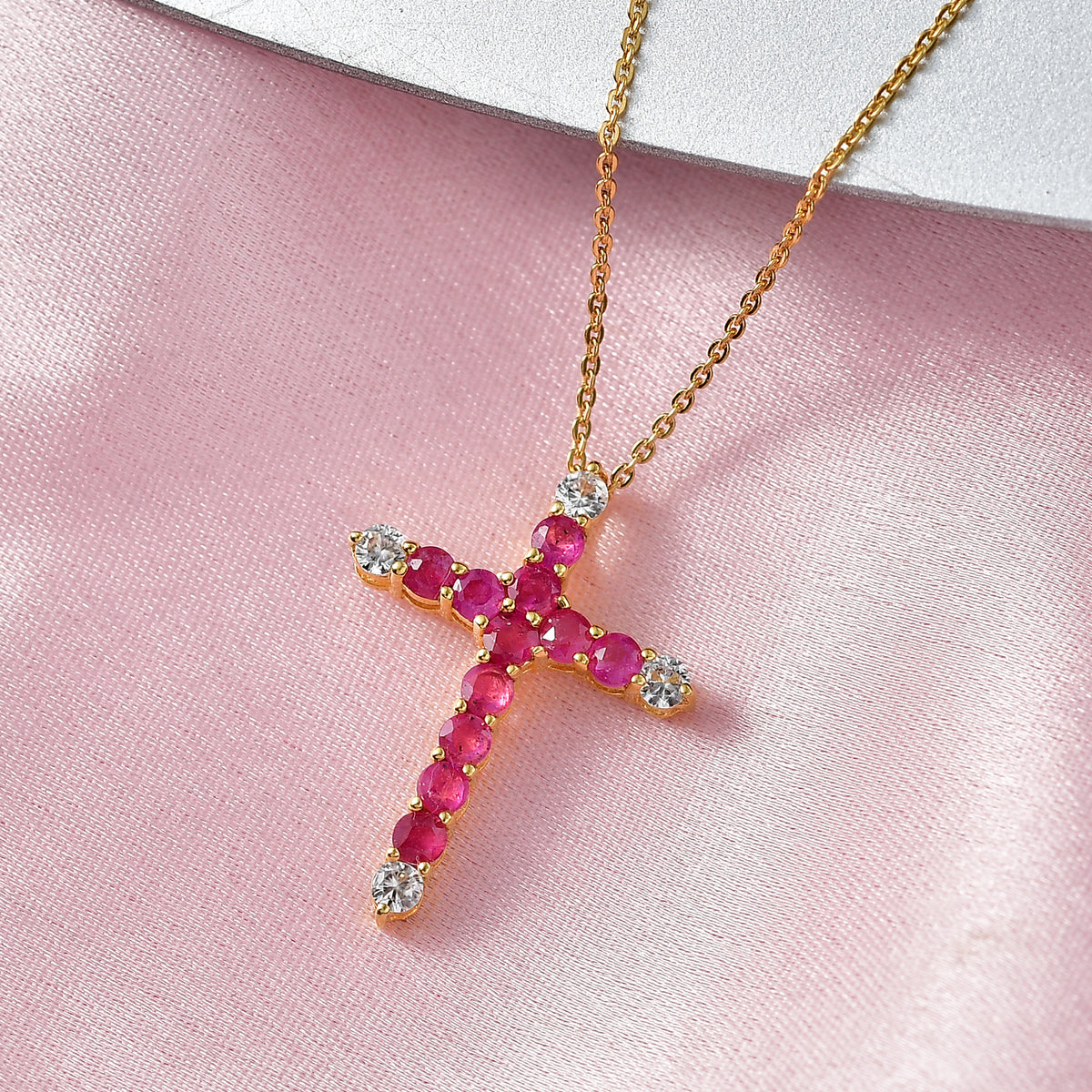 African Ruby, White Zircon Cross Pendant with Chain (Size 20) in Yellow Gold Plated Sterling Silver 1.54 Ct. V32517664 3