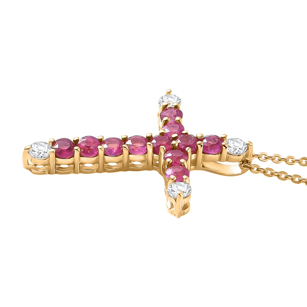 African Ruby, White Zircon Cross Pendant with Chain (Size 20) in Yellow Gold Plated Sterling Silver 1.54 Ct. V32517664 4