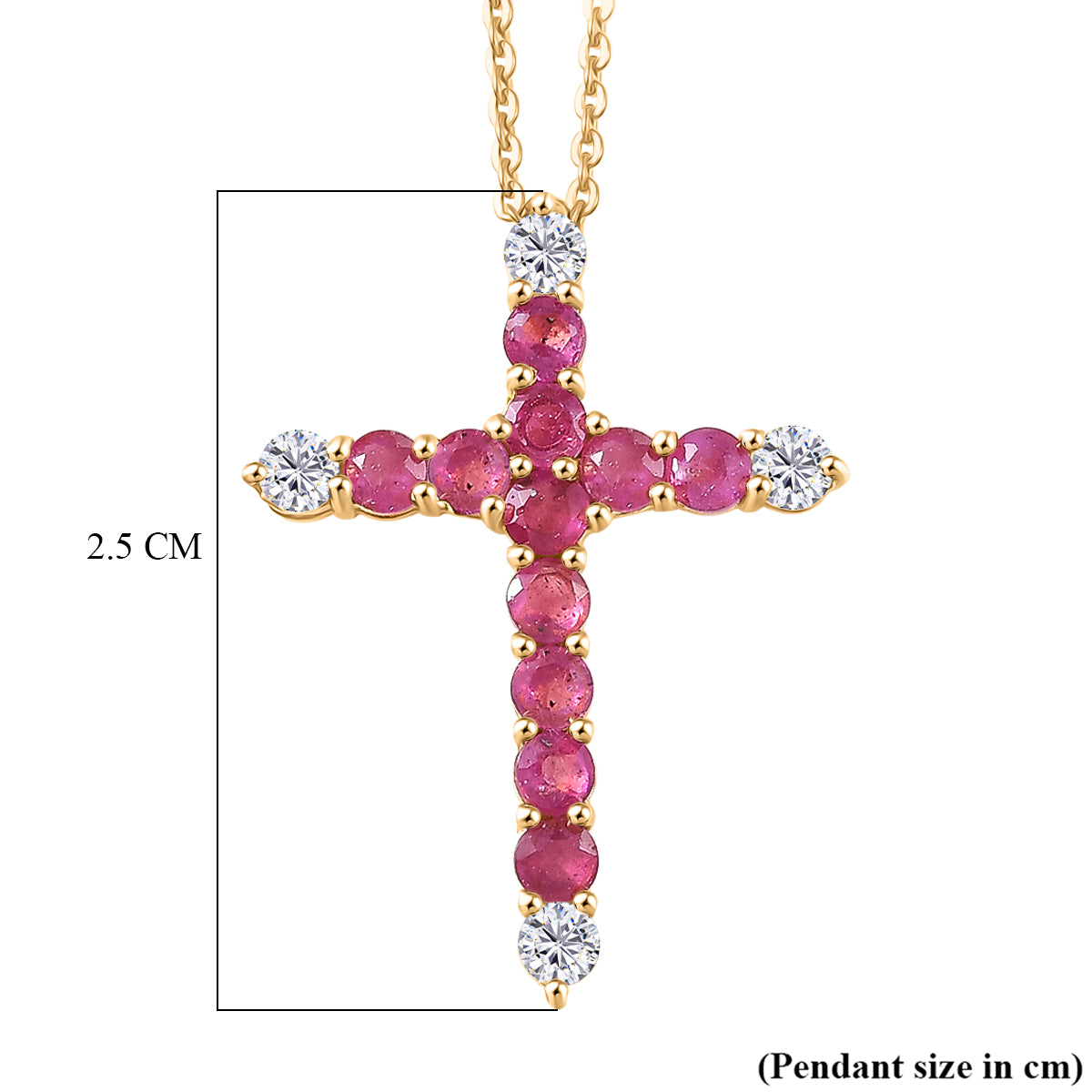 African Ruby, White Zircon Cross Pendant with Chain (Size 20) in Yellow Gold Plated Sterling Silver 1.54 Ct. V32517664 7