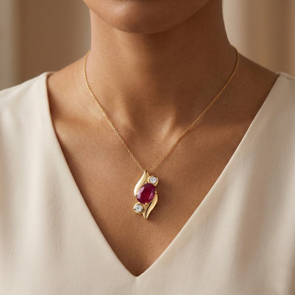 D'Joy Fissure Filled Ruby, White Zircon Three-Stone Twist Pendant with Chain (Size 20)  in Yellow Gold Plated Sterling Silver 1.34 Ct. V32519569 2