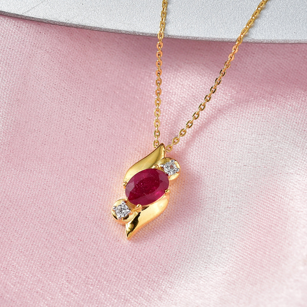 D'Joy Fissure Filled Ruby, White Zircon Three-Stone Twist Pendant with Chain (Size 20)  in Yellow Gold Plated Sterling Silver 1.34 Ct. V32519569 3