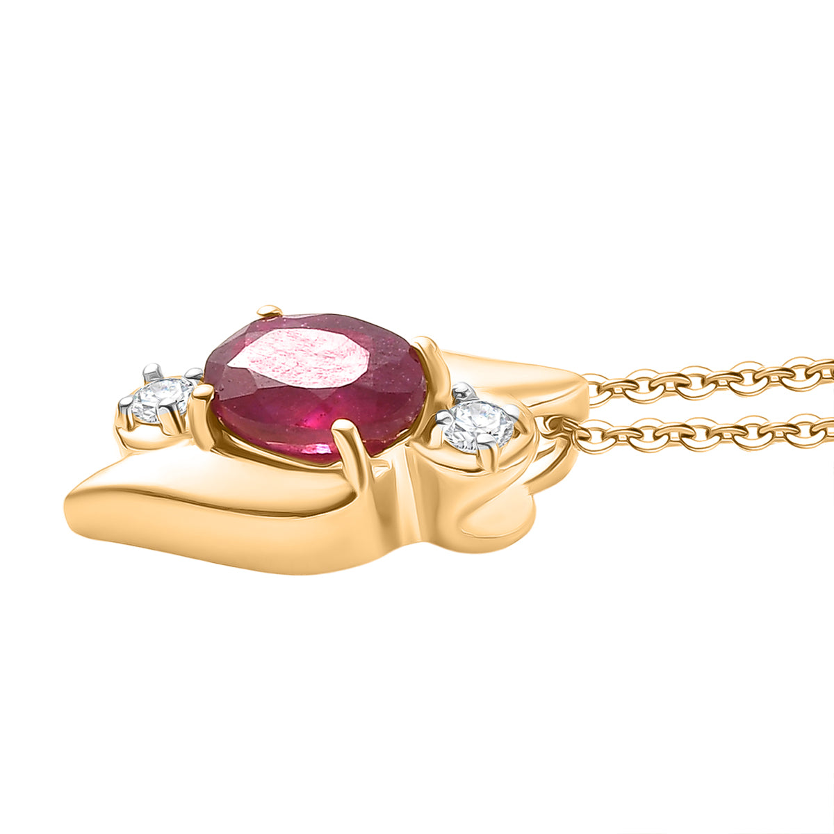 D'Joy Fissure Filled Ruby, White Zircon Three-Stone Twist Pendant with Chain (Size 20)  in Yellow Gold Plated Sterling Silver 1.34 Ct. V32519569 4