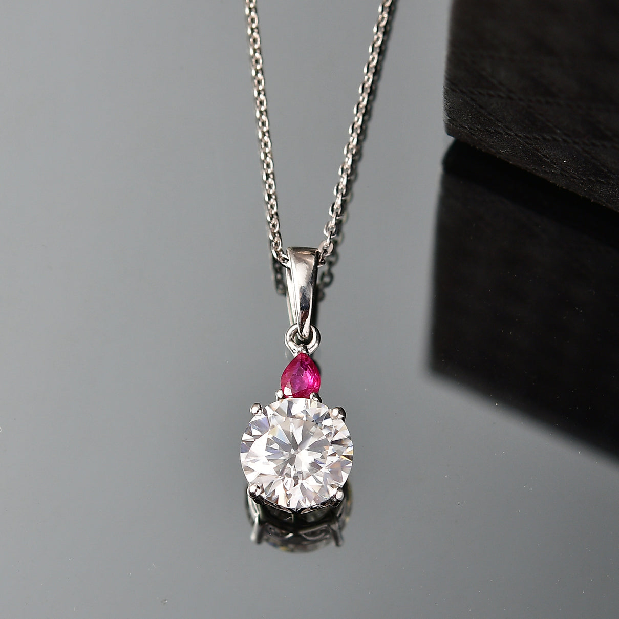 D'Joy Moissanite &amp; African Ruby Drop Pendant with Chain (Size 20) in Rhodium Overlay Sterling Silver 2.00 Ct. 4457543 2