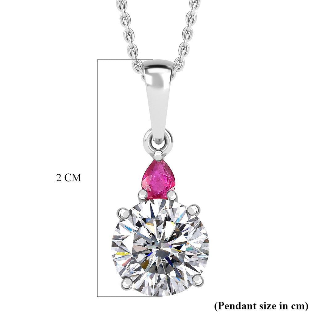D'Joy Moissanite & African Ruby Drop Pendant with Chain (Size 20) in Rhodium Overlay Sterling Silver 2.00 Ct._4457543_6