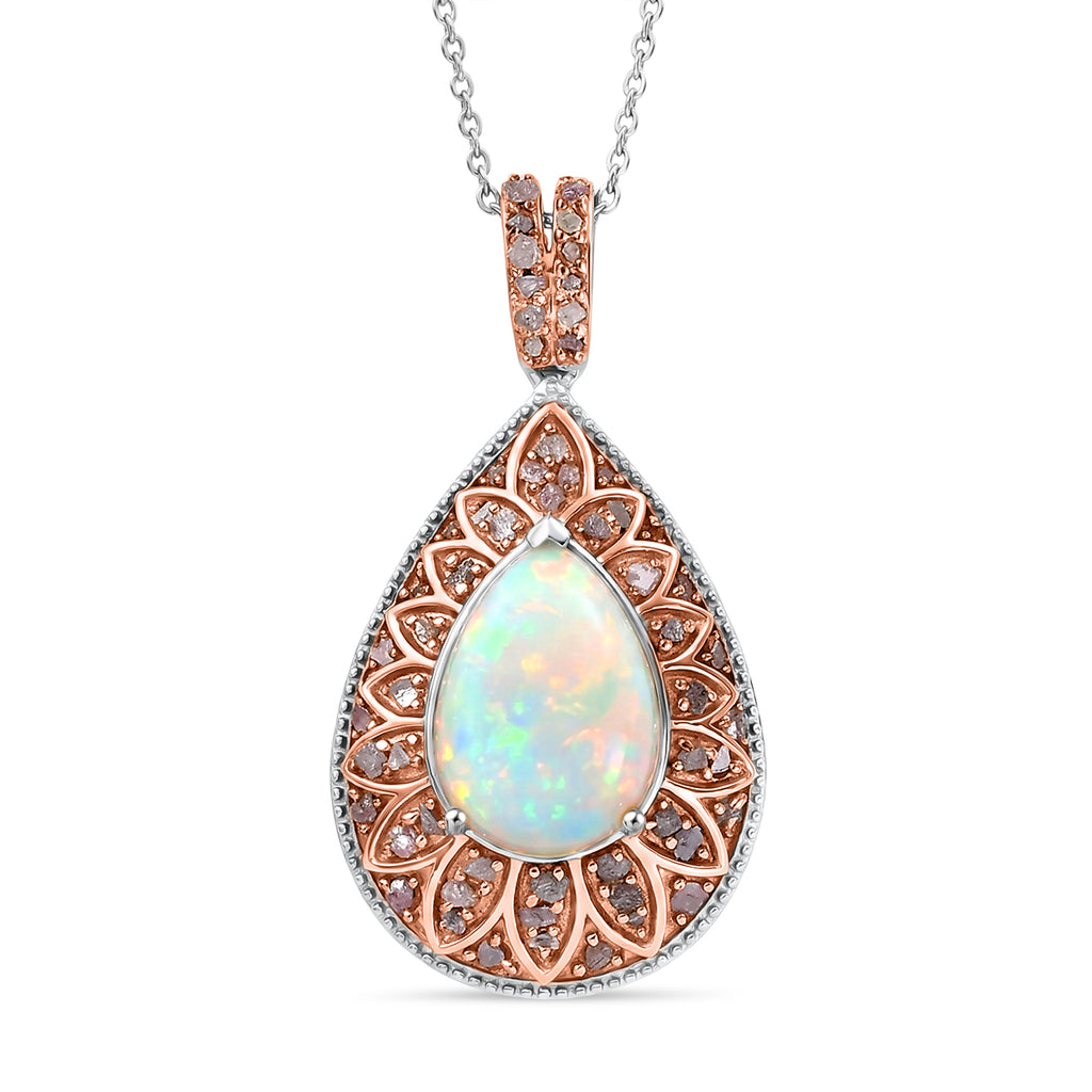 Couture Collection - AAA Natural Ethiopian Opal (3.75ct) & Natural Pink Diamond (0.52ct) Floral Halo Pendant with Chain (Size 20) in Rhodium Overlay and Rose Gold Overlay Sterling Silver 4.27 Ct_4457970