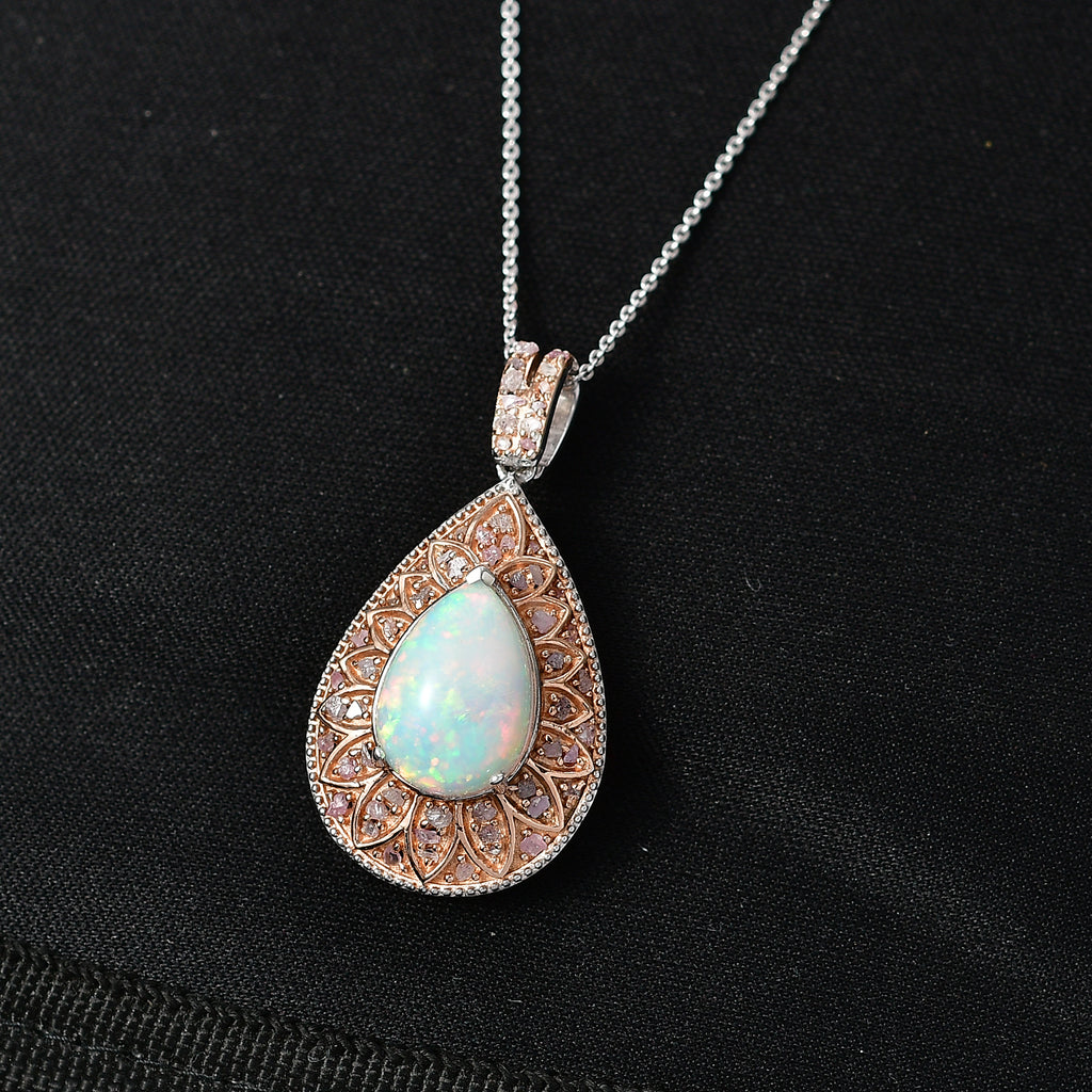 Couture Collection - AAA Natural Ethiopian Opal (3.75ct) & Natural Pink Diamond (0.52ct) Floral Halo Pendant with Chain (Size 20) in Rhodium Overlay and Rose Gold Overlay Sterling Silver 4.27 Ct_4457970_2