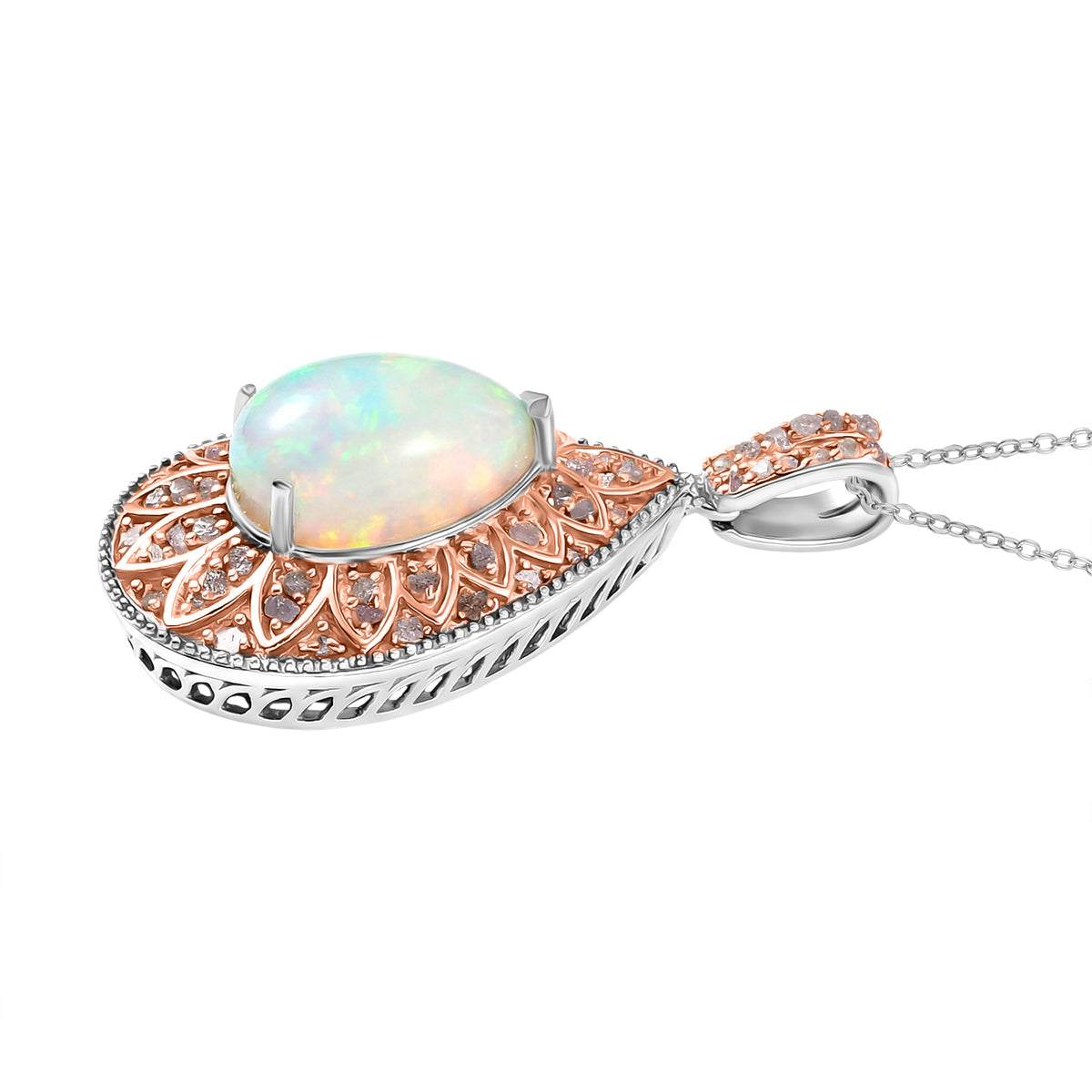 Couture Collection - AAA Natural Ethiopian Opal (3.75ct) &amp; Natural Pink Diamond (0.52ct) Floral Halo Pendant with Chain (Size 20) in Rhodium Overlay and Rose Gold Overlay Sterling Silver 4.27 Ct 4457970 4