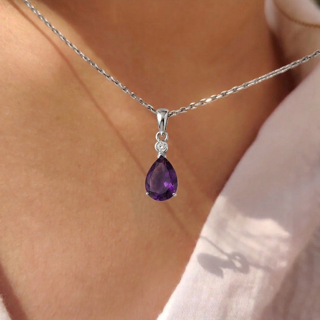 Luxuriant - SI-G/H Lab Grown Diamond & AAA African Amethyst Pear Cut Solitaire Pendant with Chain (Size 20) in Rhodium Overlay Sterling Silver 28.31 Ct._4457975_2