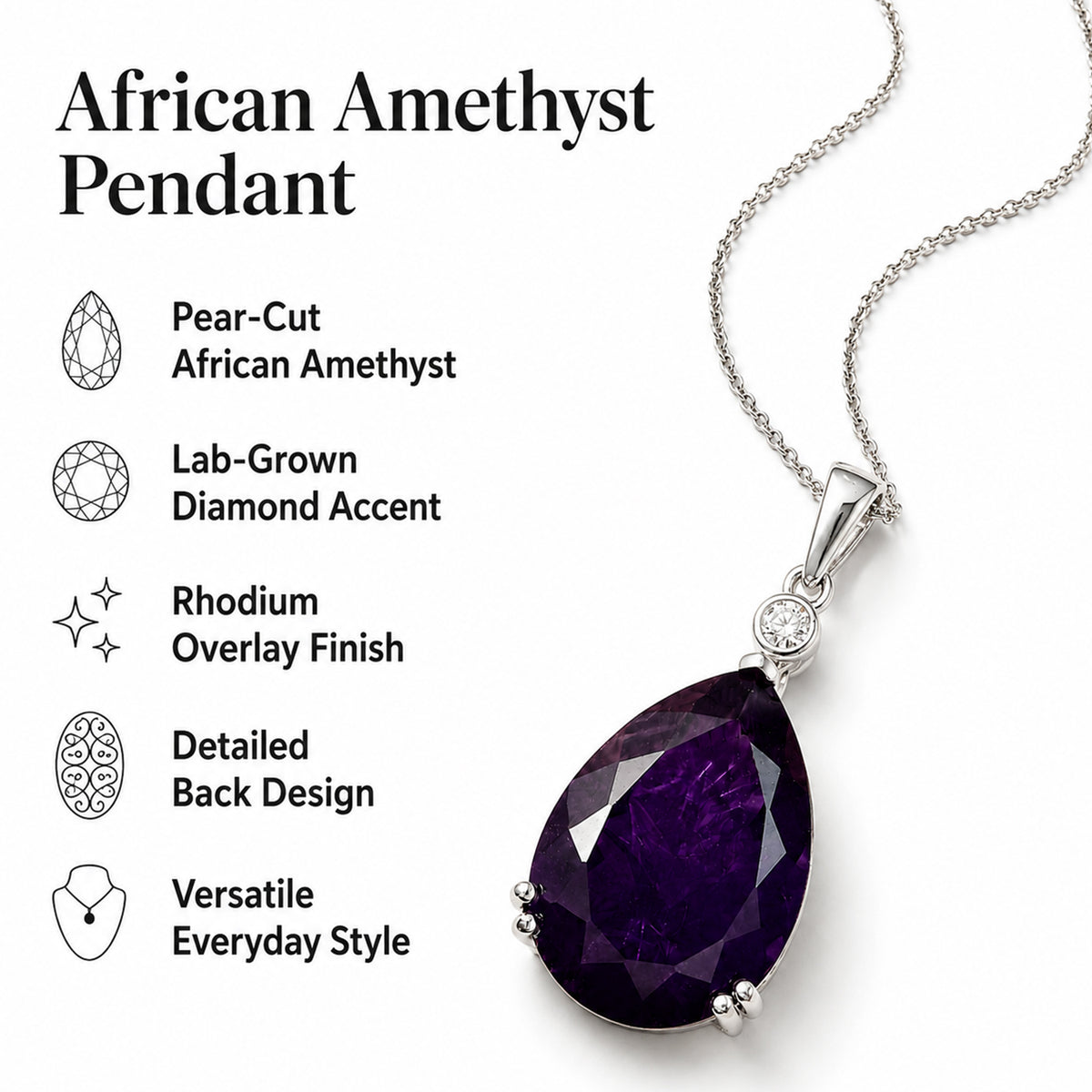 Luxuriant - SI-G/H Lab Grown Diamond &amp; AAA African Amethyst Pear Cut Solitaire Pendant with Chain (Size 20) in Rhodium Overlay Sterling Silver 28.31 Ct. V32525123 5
