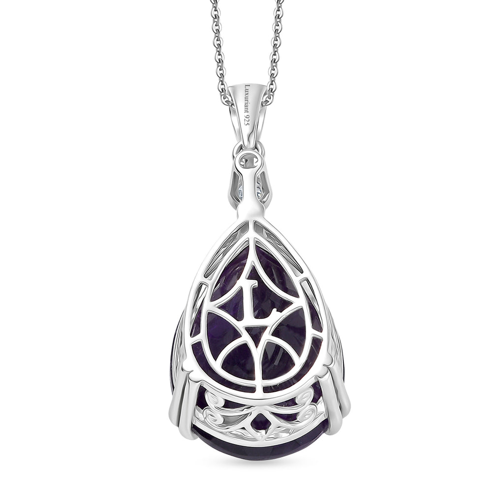 Luxuriant - SI-G/H Lab Grown Diamond & AAA African Amethyst Pear Cut Solitaire Pendant with Chain (Size 20) in Rhodium Overlay Sterling Silver 28.31 Ct._4457975_7