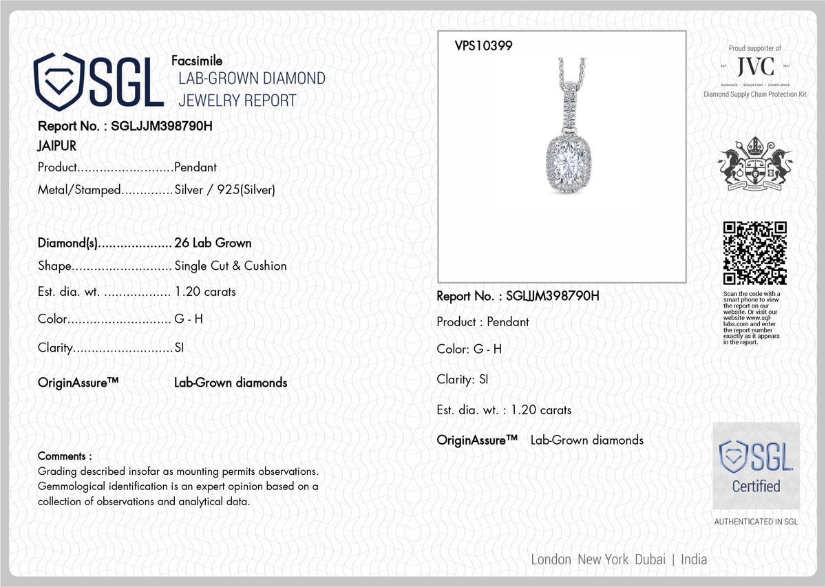 LUXURIANT 1.2 Ct. Lab Grown Diamond Cushion Cut Halo Pendant with Chain (Size 20) in Rhodium Overlay Sterling Silver SGL Certified (SI-G-H) 4458357 9