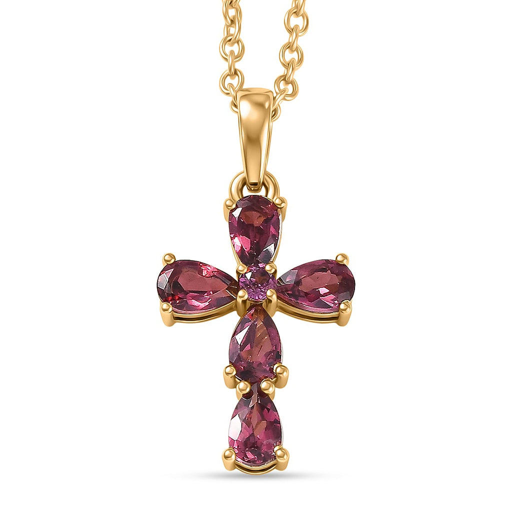 D'Joy Rhodolite Cross Pendant with Chain (Size 20) in Yellow Gold Tone 1.50 Ct._4458615