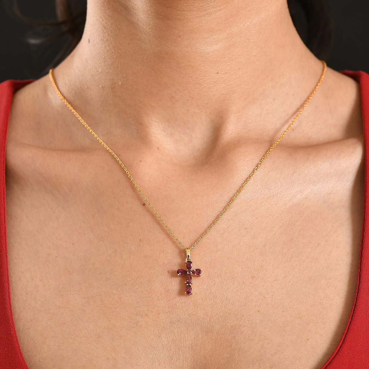 D'Joy Rhodolite Cross Pendant with Chain (Size 20) in Yellow Gold Tone 1.50 Ct. 4458615 2