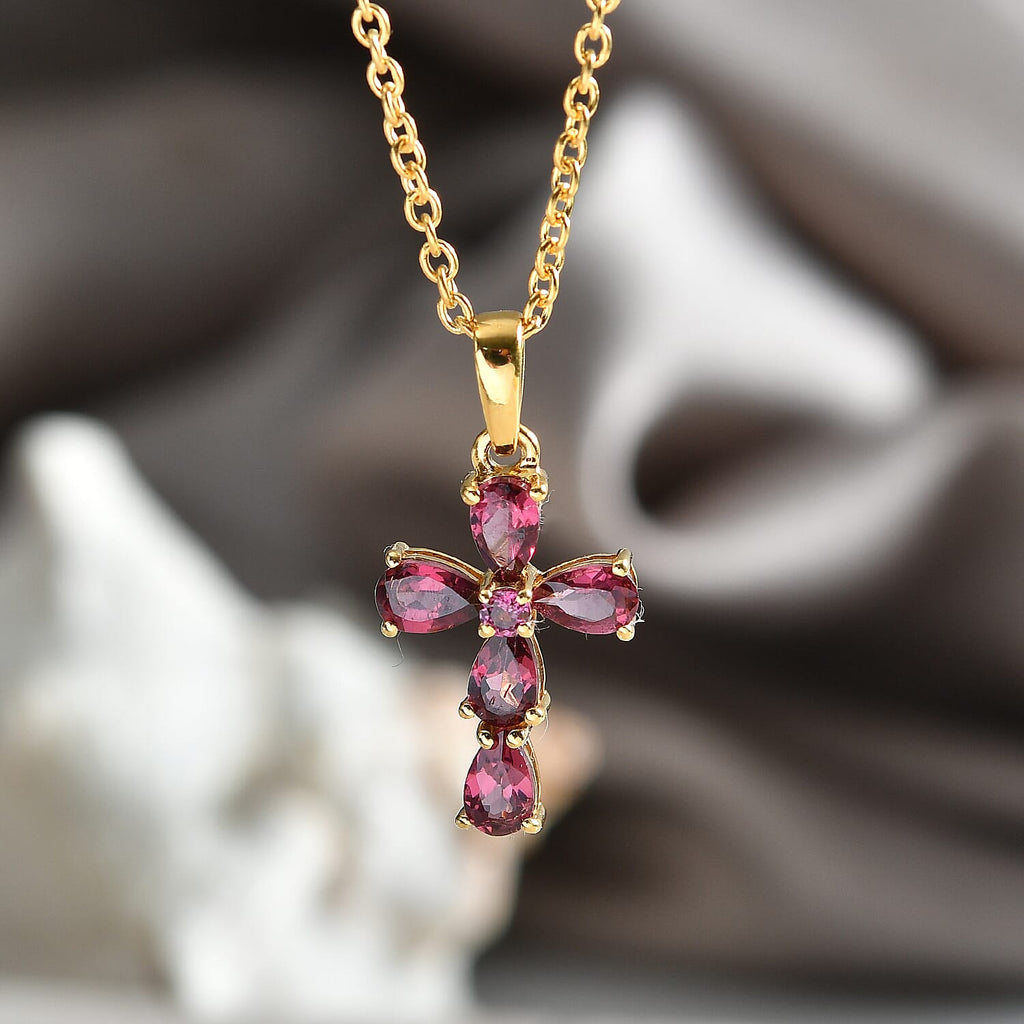 D'Joy Rhodolite Cross Pendant with Chain (Size 20) in Yellow Gold Tone 1.50 Ct._4458615_2