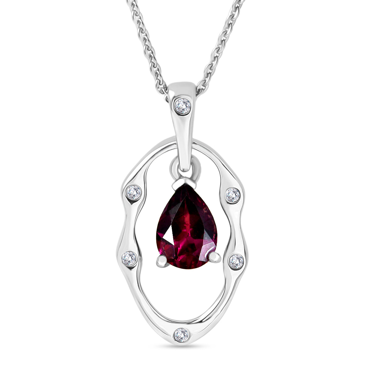 D'Joy Rhodolite Garnet &amp; White Zircon Solitaire Drop Pendant with Chain (Size 20) in Platinum Overlay Sterling Silver 0.95 Ct. V32527788 0