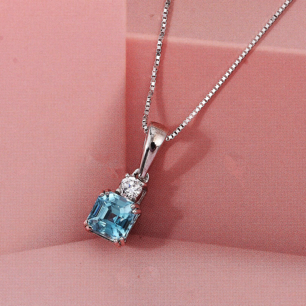 Luxuriant - Blue Zircon & Lab Grown Diamond Emerald-Cut Solitaire Pendant with Chain (Size 20) in Rhodium Overlay Sterling Silver 1.50 Ct._4459062_1