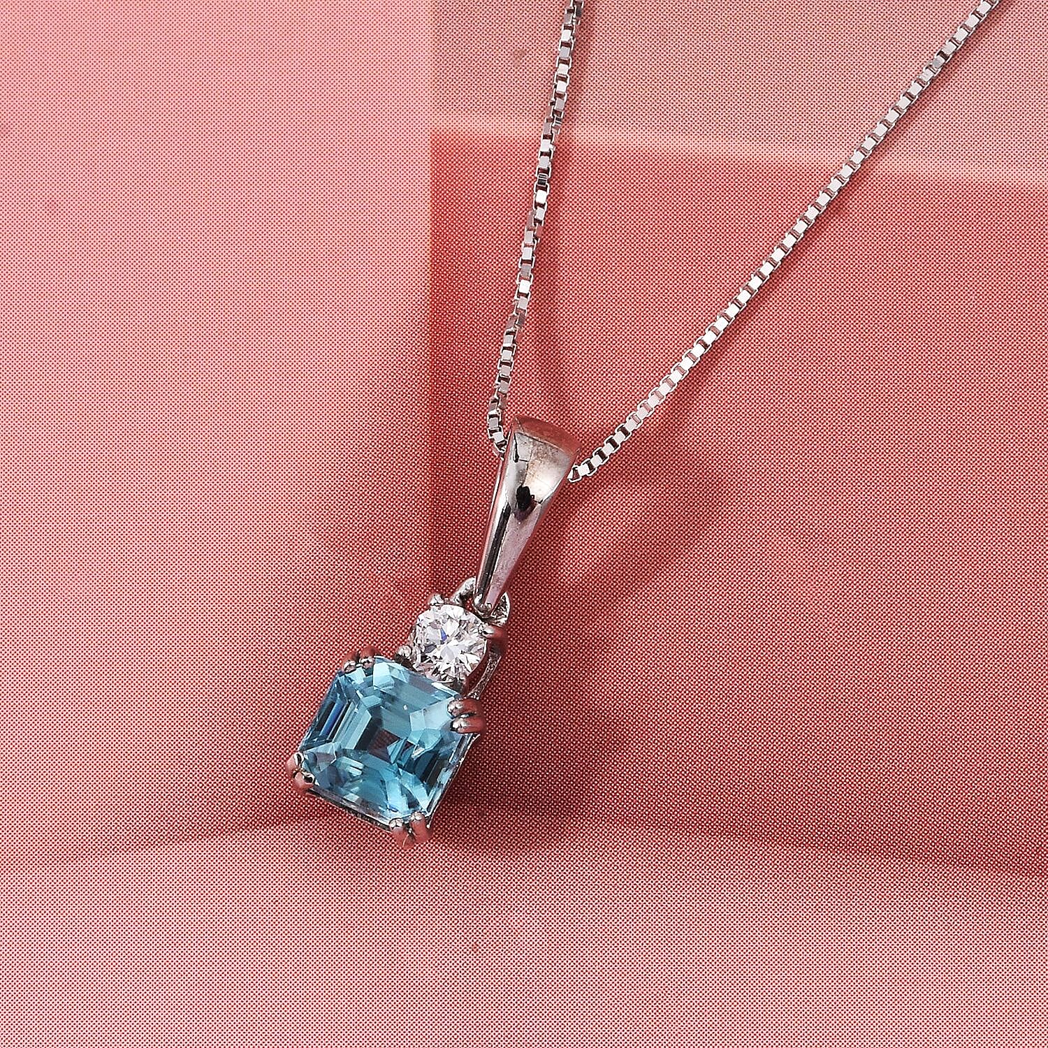 LUXURIANT Blue Zircon, Lab Grown Diamond Emerald-Cut Solitaire Pendant with Chain (Size 20) and Spring Ring Clasp in Rhodium Overlay Sterling Silver 1.50 Ct. V32516108 2