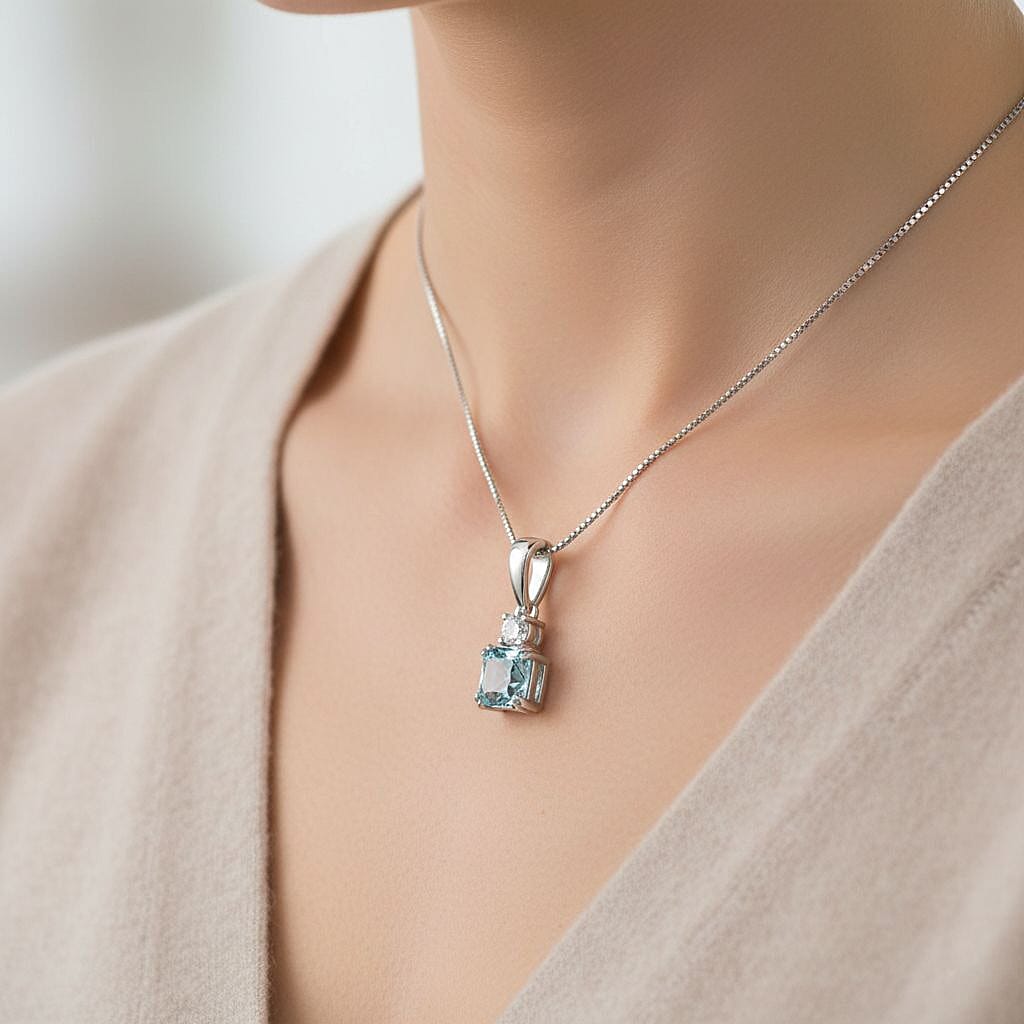 Luxuriant - Blue Zircon & Lab Grown Diamond Emerald-Cut Solitaire Pendant with Chain (Size 20) in Rhodium Overlay Sterling Silver 1.50 Ct._4459062_2