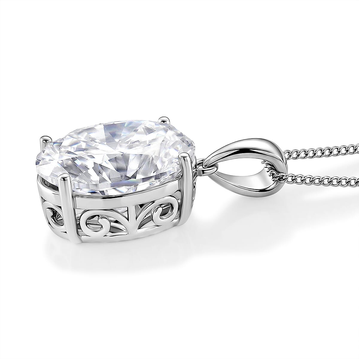 Moissanite Solitaire Pendant with Chain (Size 18) in Rhodium Overlay Sterling Silver 10.00 Ct. V32515818 4