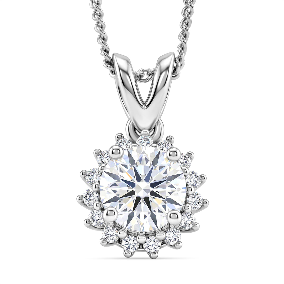 D'Joy - GRA Certified (D-VVS1) Moissanite Double Halo Hearts &amp; Arrows Cut Pendant with Chain (Size 18) in Rhodium Overlay Sterling Silver 1.20 Ct. V32533007 0