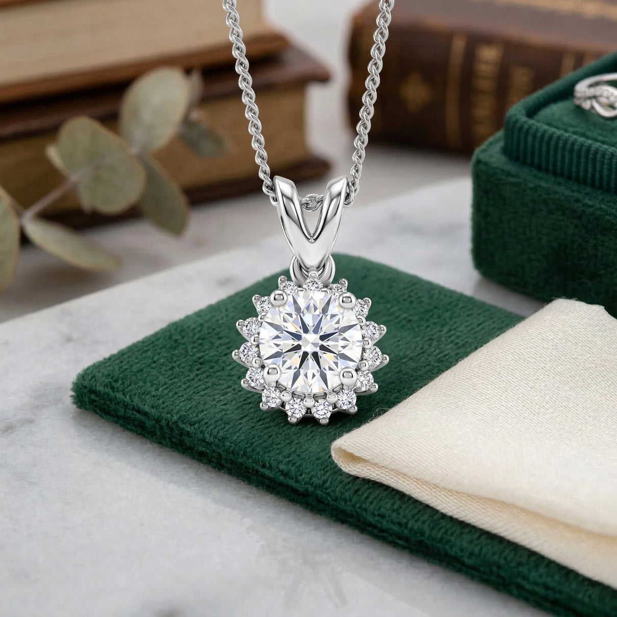 D'Joy - GRA Certified (D-VVS1) Moissanite Double Halo Hearts &amp; Arrows Cut Pendant with Chain (Size 18) in Rhodium Overlay Sterling Silver 1.20 Ct. V32533007 3